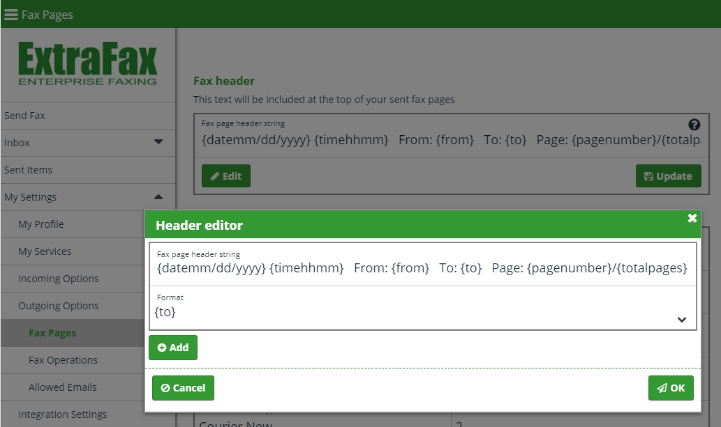 Fax Header Settings