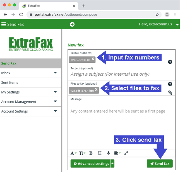 Send fax through web browser